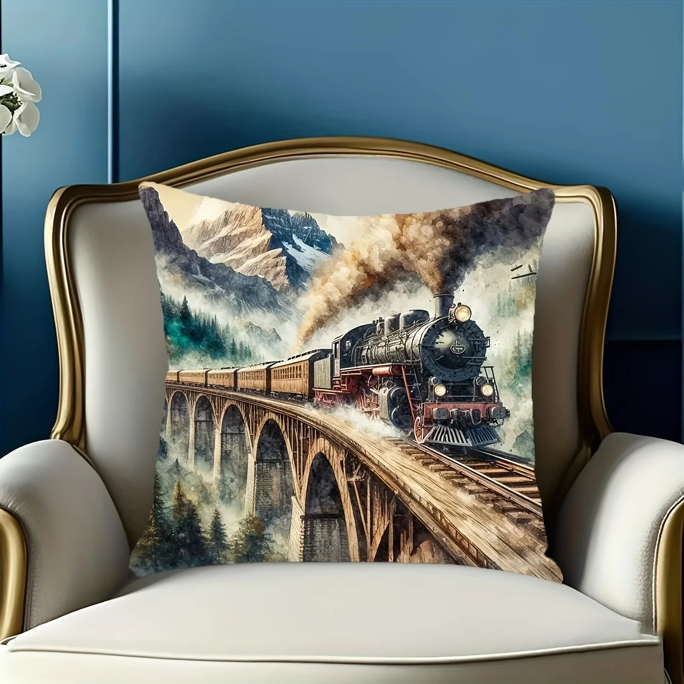 Vintage Steam Train Pillow Case, Mountain Railway Art Cushion Cover, Retro Transport Decor for Sofa Bedroom Living Room
