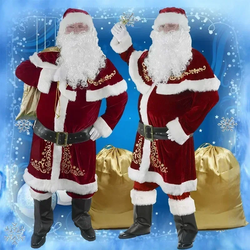 M-6XL Large Size Santa Costume for Men 12pcs Set Red Deluxe Velvet Christmas Party Cosplay for Adult Santa Claus Xmas Suits