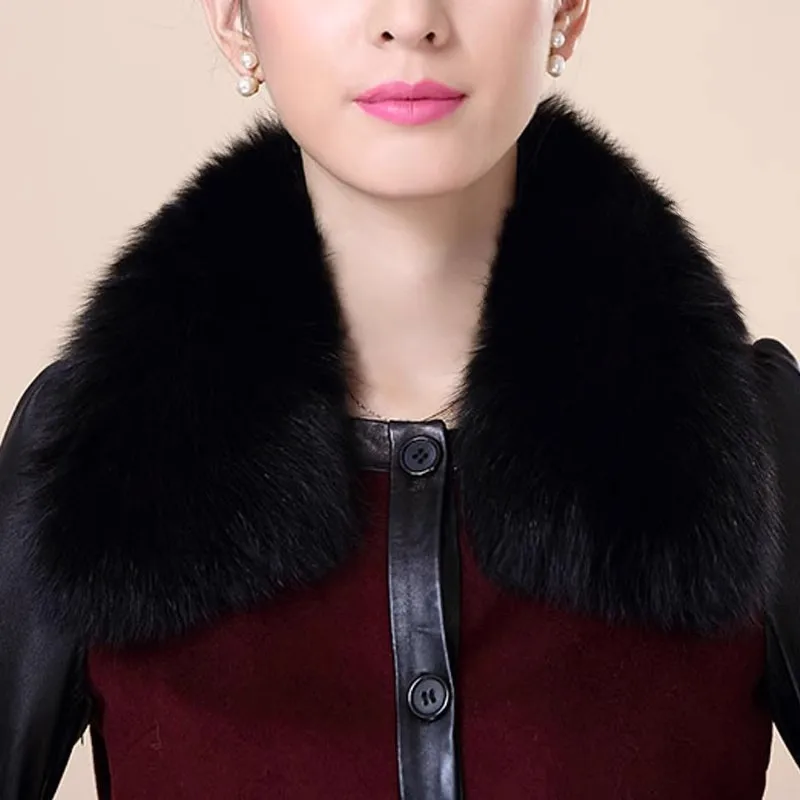 Fashion warm real Fox fur big collar men and women lapels scarves leather square collar leather coat with real fur collar