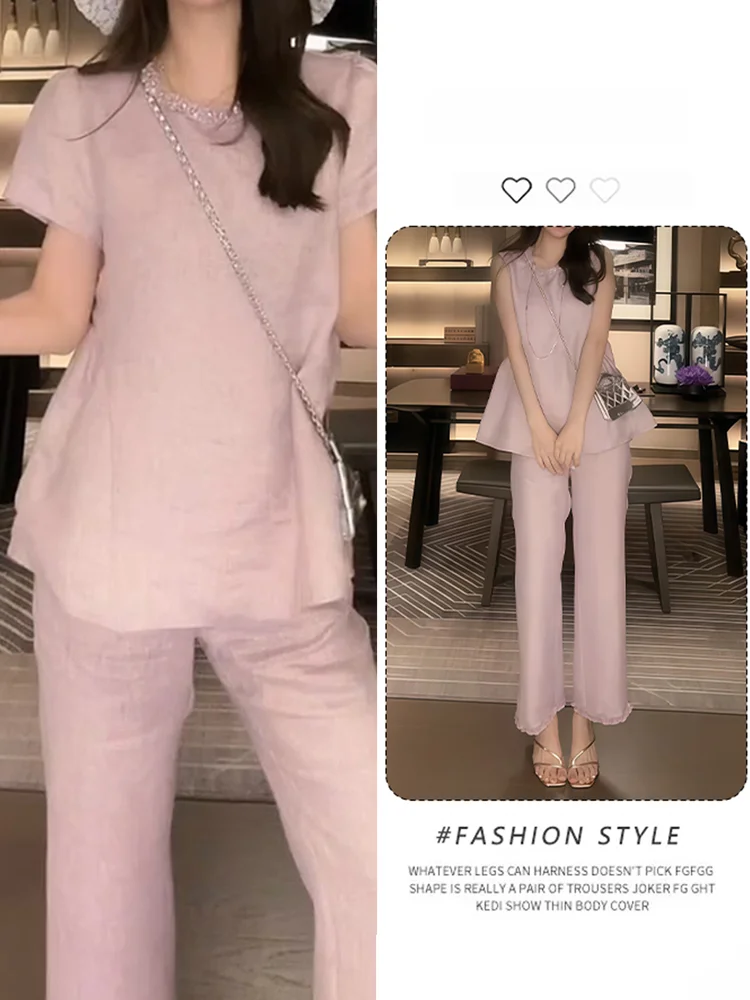 

Linen Set Women's Summer New Pearl Embellished Short Sleeve Top Wide Leg Nine Points Pants Two Piece Set Casual Style Comfort...