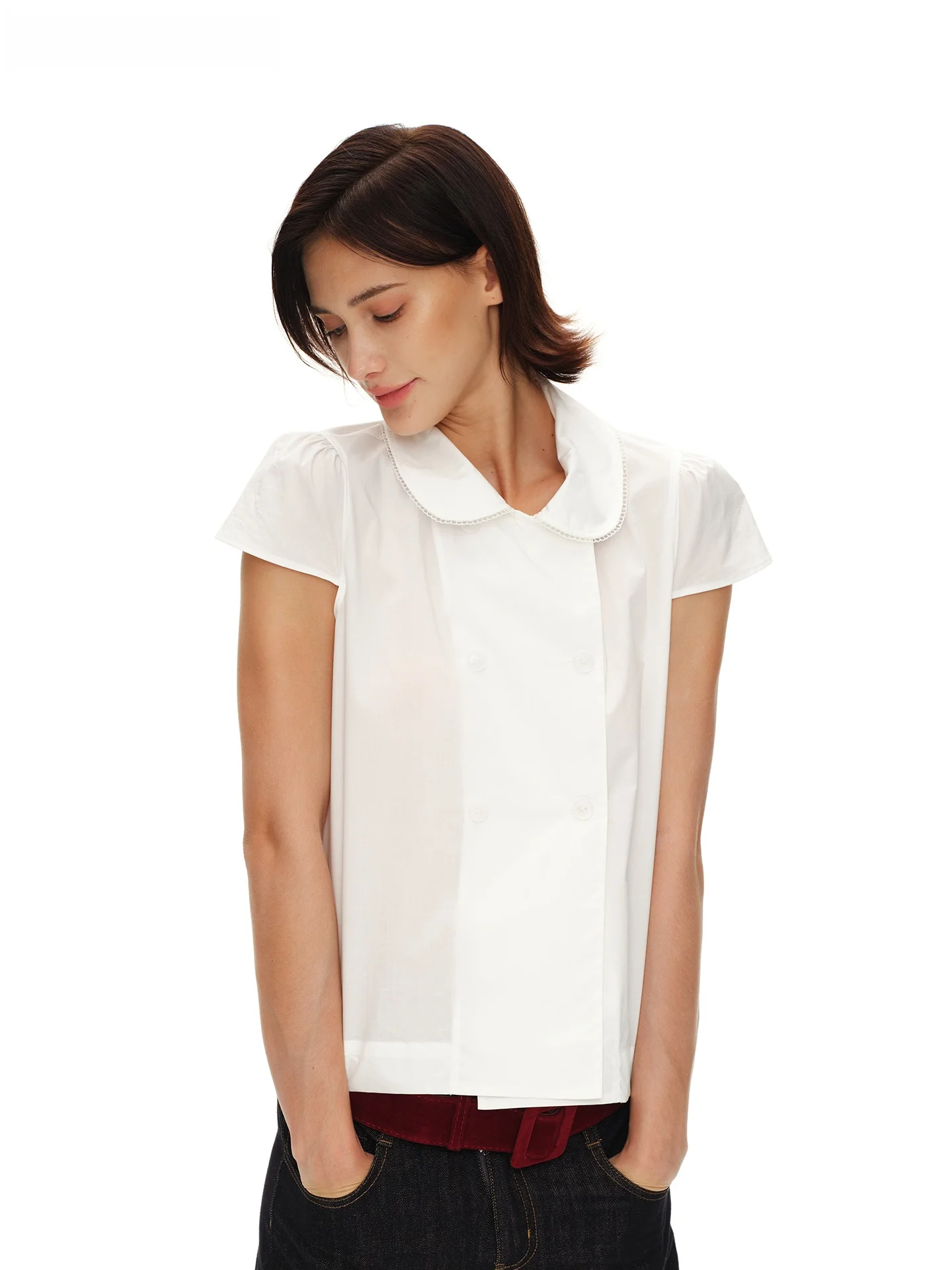 

Sweet Youthful Ruffle Collar Short Sleeve Bubble Sleeve Double Buttoned White Shirt Women's Loose Fit Cotton Commute Style