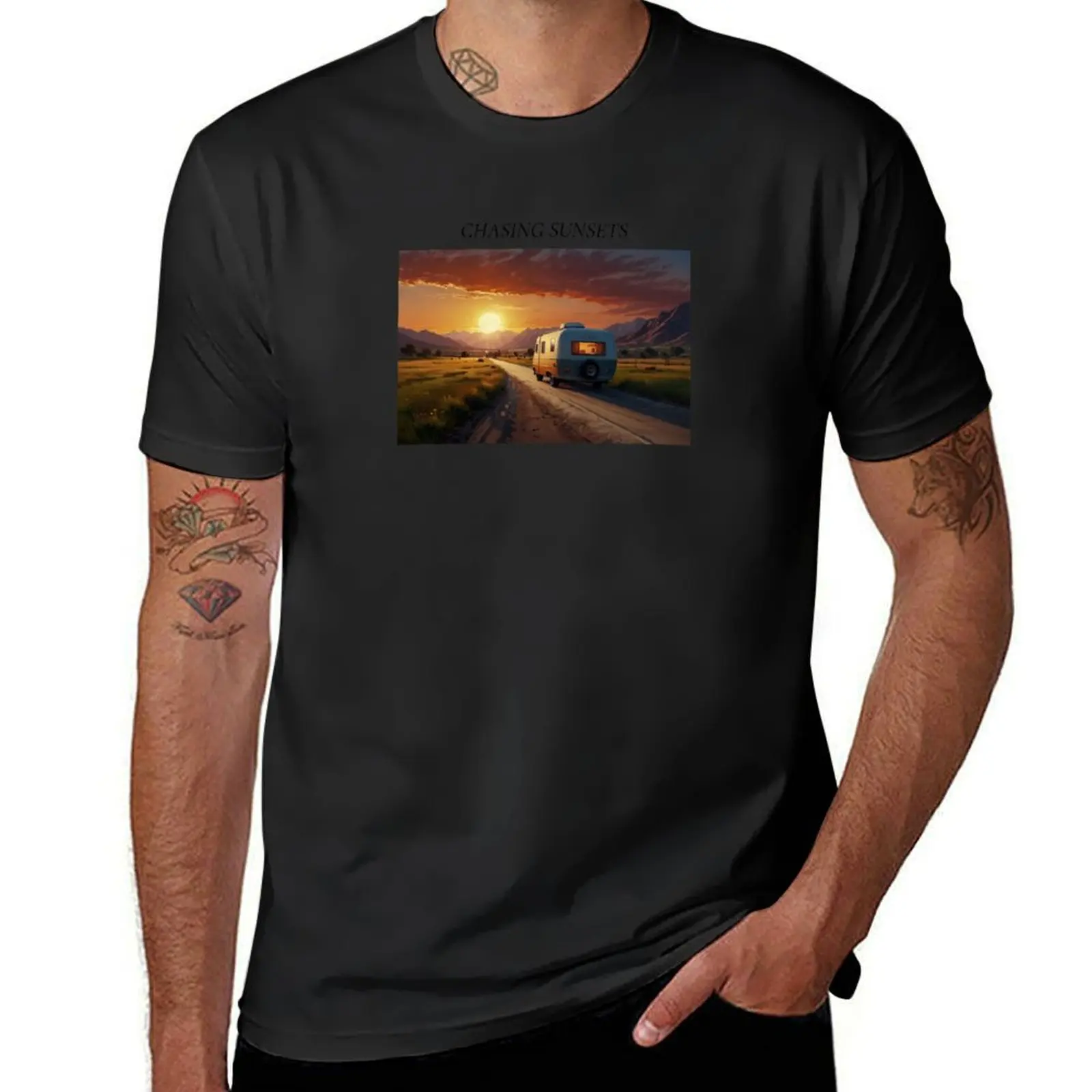 Chasing Sunsets Camper Camping Design T-Shirt cute tops funnys tops mens t shirt