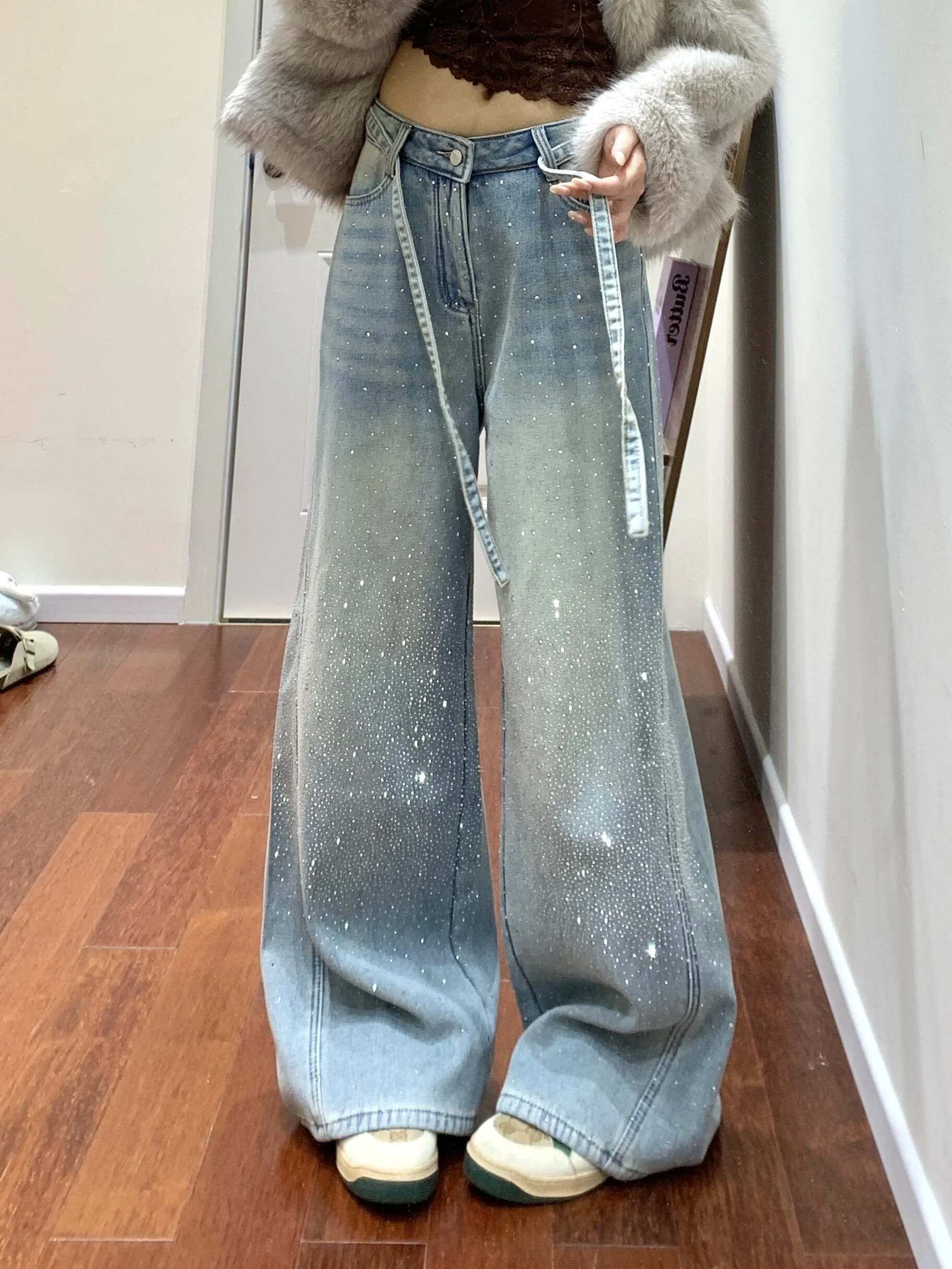 

Джинсы Tianxing с завязками, женские, весна 2026, с высокой талией, широкие штанины, дизайнерские, свободные, длинные, блестящие