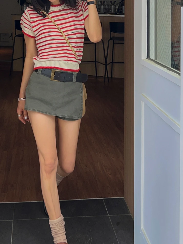 การออกแบบที่หวานและเย็นของผู้หญิง, กระโปรงกางเกงขาสั้นเอวสูงสีเขียวทหาร, กระโปรงกางเกงยีนส์สาวเผ็ด Y2K