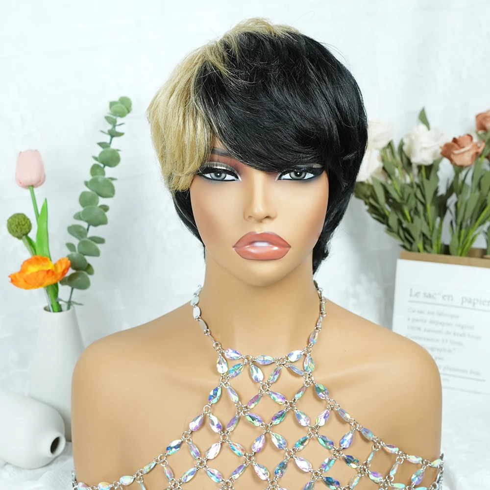 1B/27 Short Pixie Cut Wig with Bangs for Women