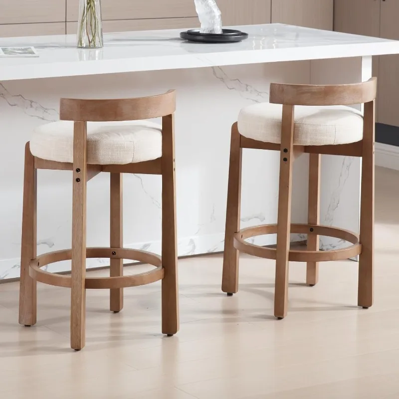HEAH-YO Mid Century Modern Bar Stools Set of 2, 26.5" Counter Stools with Back, Linen Upholstered Barstools