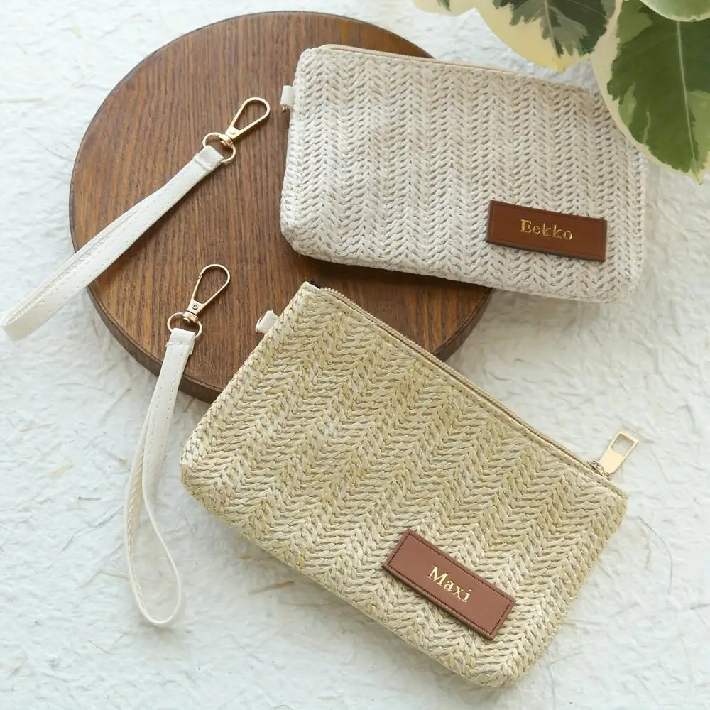 Custom Embossed Name Leather Label Straw Wristlet Clutch Bag Handmade Woven Raffia Cosmetic Makeup Pouch Beach Travel Storage view 4