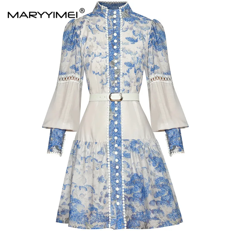 

MARYYIMEI Fashion Runway dress Autumn Women's Dress Lantern sleeve Hollow out Single-breasted Printed Loose Elegant Dresses