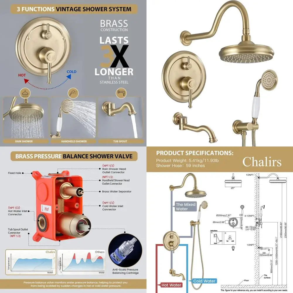 

Antique Gold Shower System with Handheld Sprayer, Brass Valve, and Foldable Tub Spout