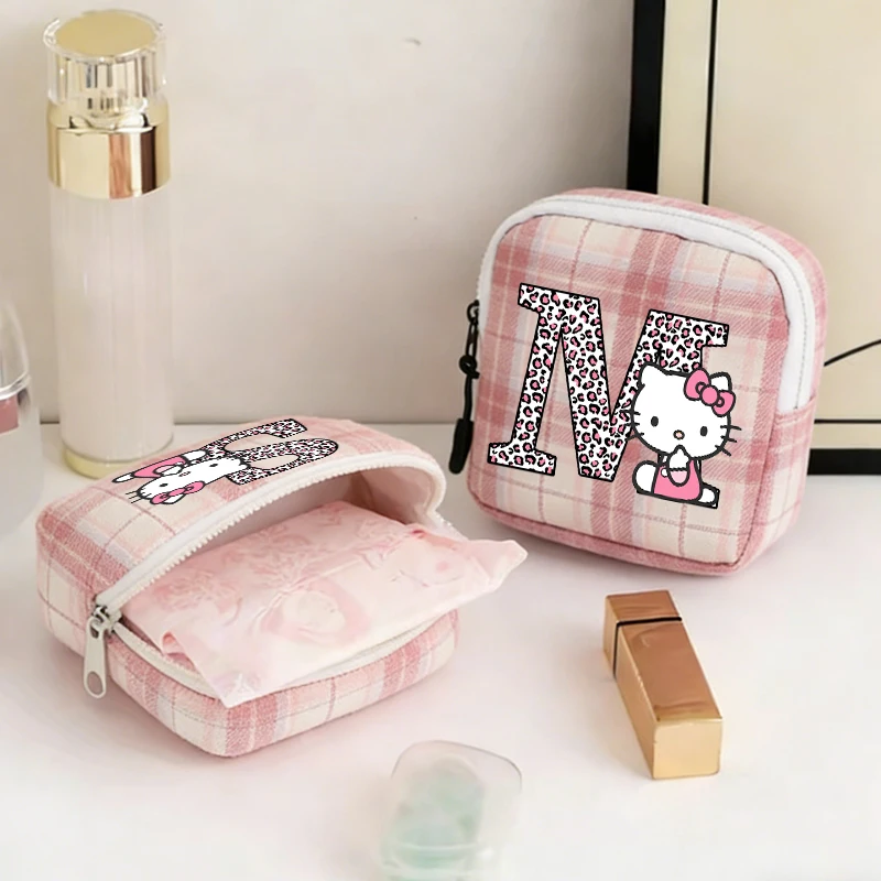 

Cute Cartoon Mini Square Cosmetic Bag Hello Kitty Letter Women Earphone Lipstick Sanitary Napkins Storage Pouch Small Makeup Bag