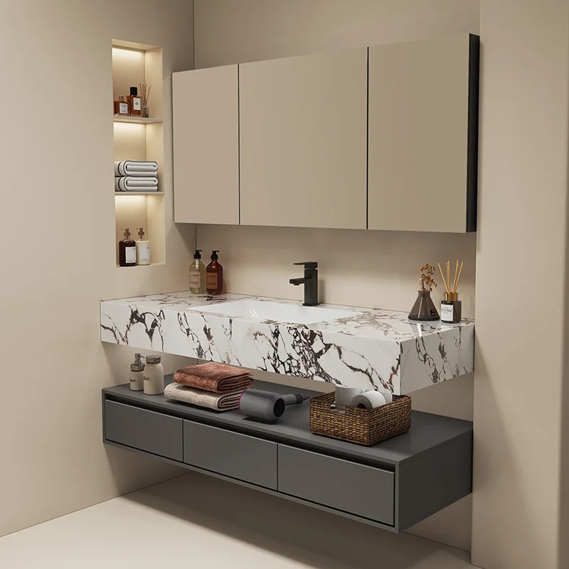 Seamless integrated wash basin toilet solid wood bathroom cabinet