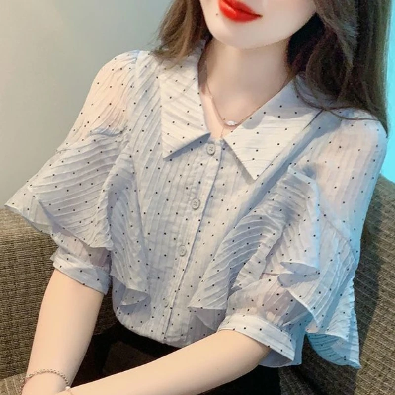 2024 New Summer Korean Fashion Chiffon Loose Half Sleeved Polo Collar Button Print Polka Dot Flared Sleeve Women\'s Shirt Top