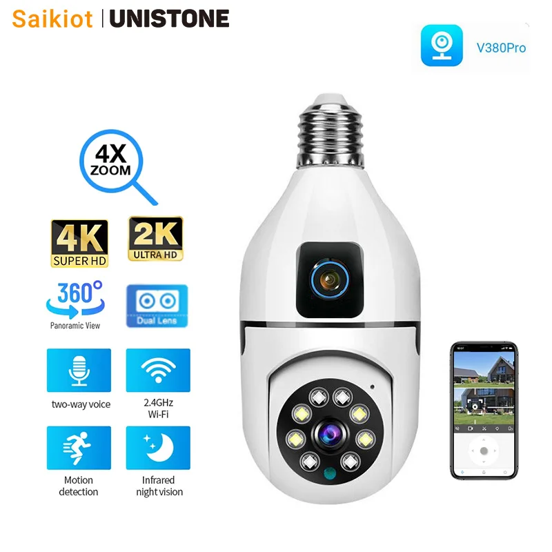 Saikiot V380 Pro 4MP 8MP 4K E27 360 Bulb Camera WIFI Dual Lens Camera Bulb Color Night Vision CCTV Security Wireless Bulb Camera