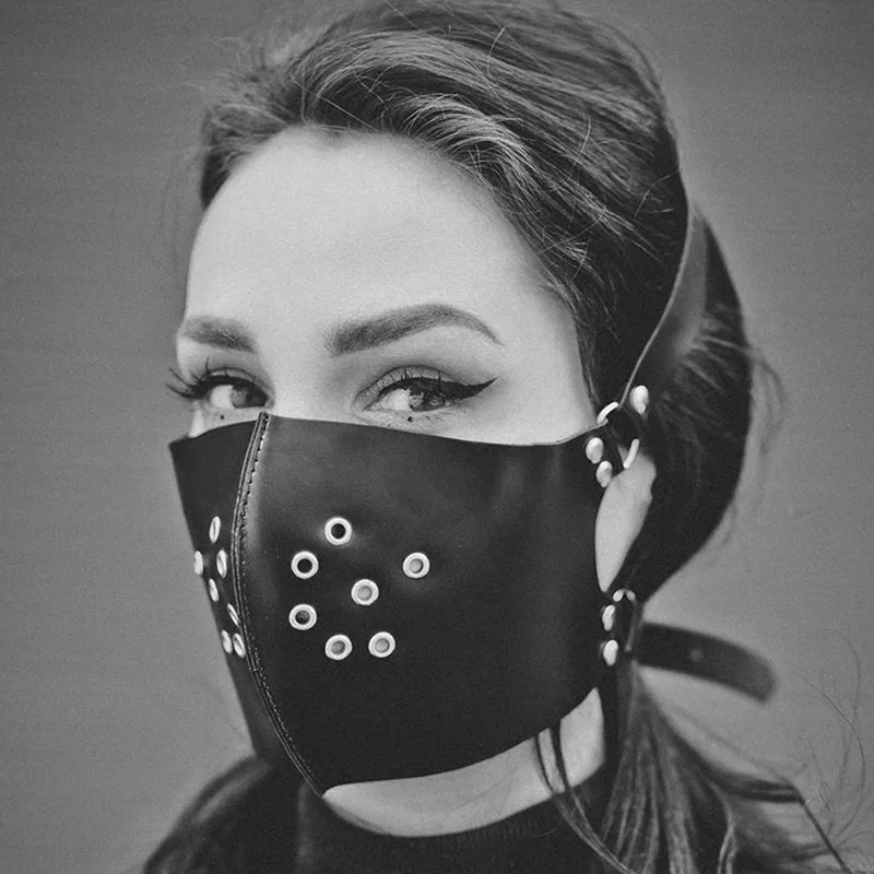 Leather Gothic Protective Face Mask Punk Rock Style Female Mouth Covering Warm Breathable Reusable Harness Masks For Women Men