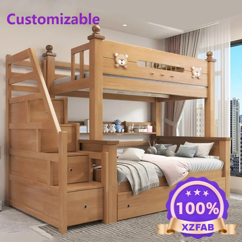 Factory Direct 2026 Upper and lower bunk, all solid wood children's bed, mother and child bed, second floor, youth rubber wood