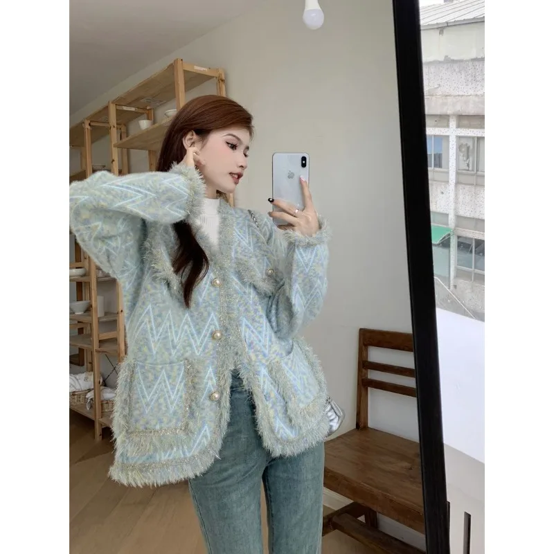 Insozkdg Autumn Winter New Luxury Tassel Patchwork Knitted Cardigan Women V Neck Single Breasted Vintage Tweed Thick Loose Coat