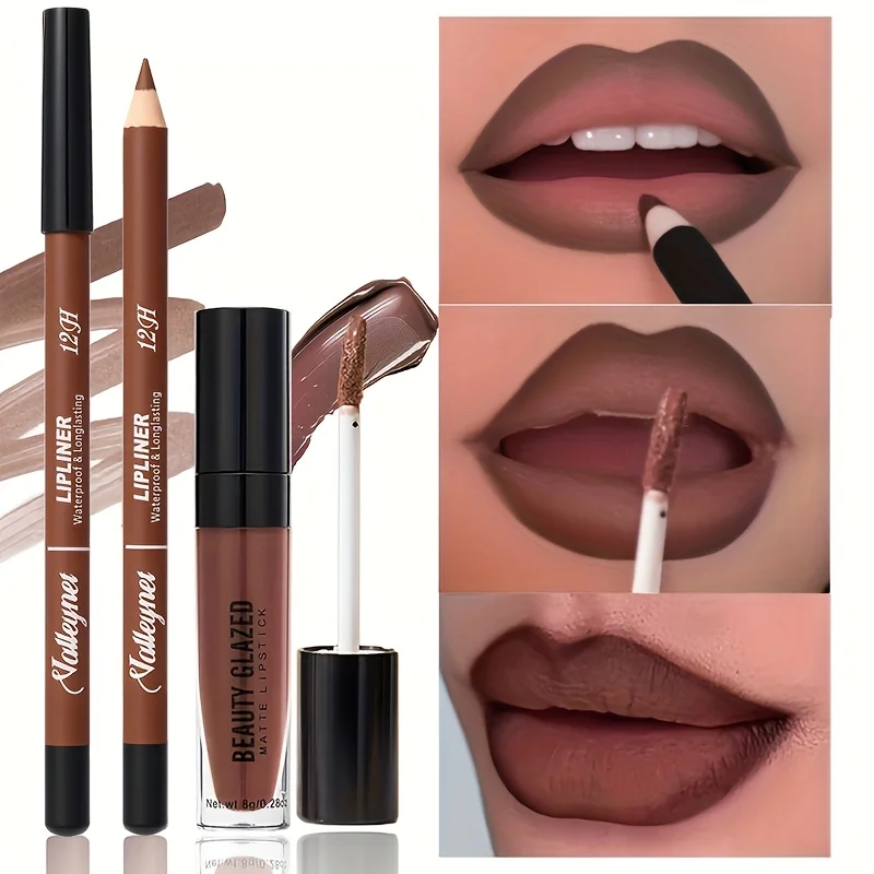 2pcs Waterproof Matte Lip Liner & Lip Oil Set,Long Lasting Matte,Moisturizing Lip Oil (/Medium/Dark Brown)