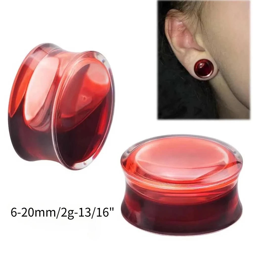2 unidades de túneles para orejas de acrílico con efecto de sangre líquida roja, expansores de doble abocardado, calibre 2g-13/16”