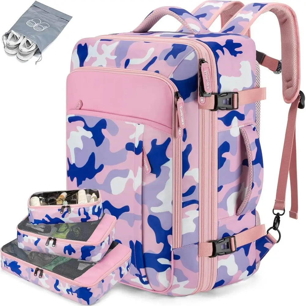 

Extra Large 40L Expandable Travel Backpack for Men & Women with 4 Packing Cubes - Camouflage Pink