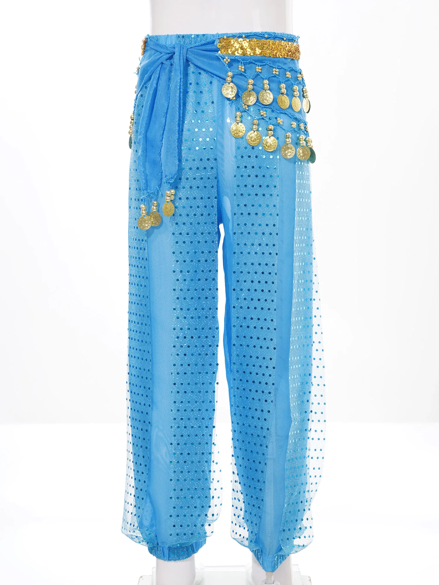 Pantalon de spectacle de danse du ventre pour filles, bouffant à pois pailletés, ceinture élastique fjElastic, écharpe de hanche, costume de jeu pour enfants