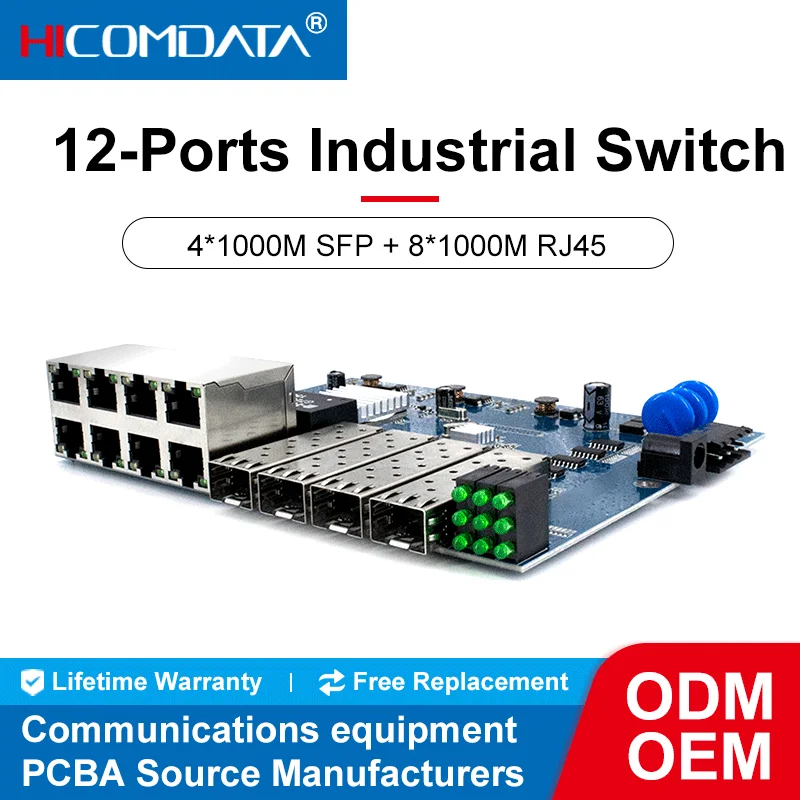 

HICOMDATA Industrial Ethernet Switch PCB Board 1000Mpbs 12 Ports 4 SFP 8 RJ45 Network Switch PCBA with AB Module 20km SC Port