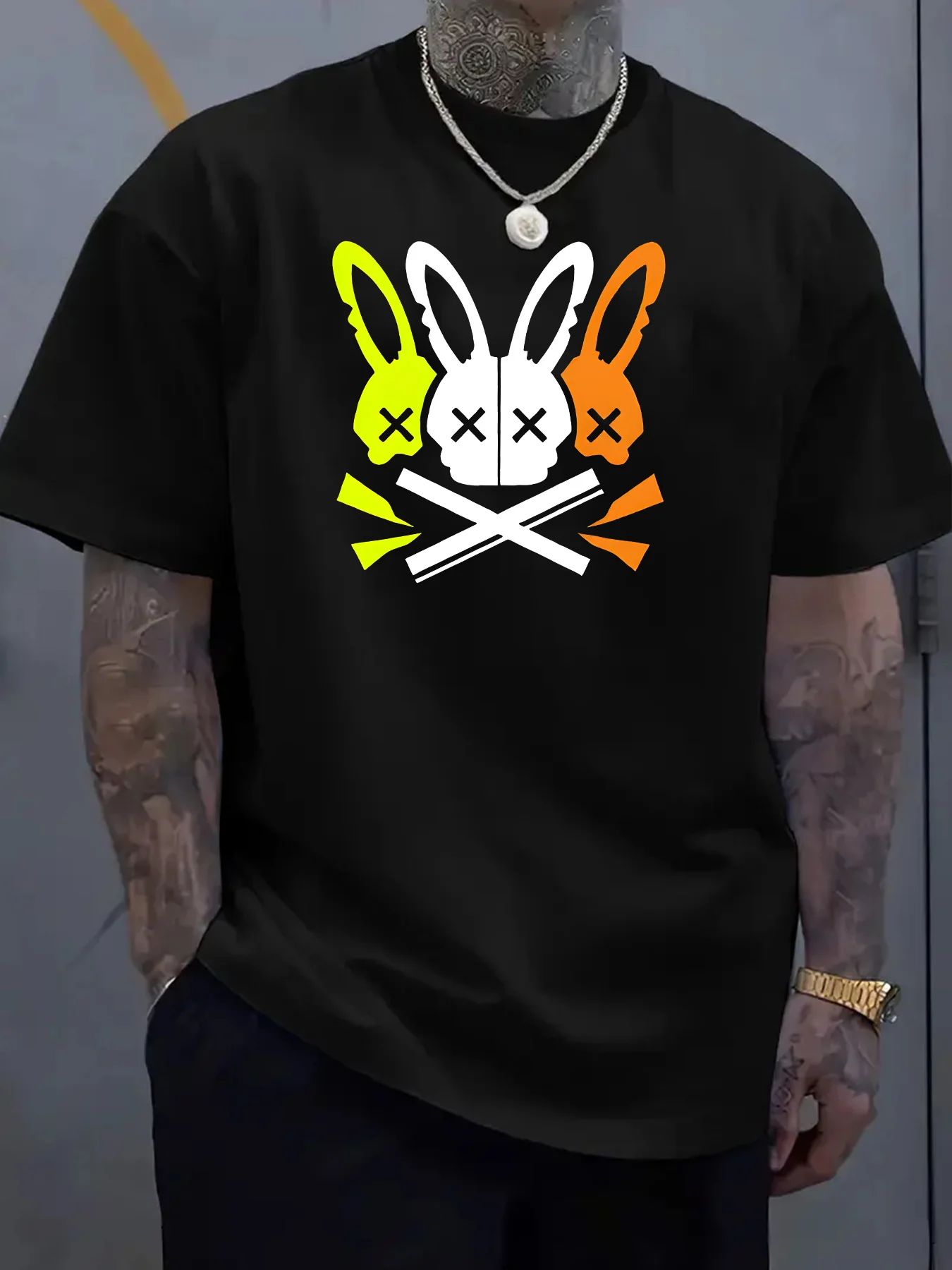 Men's 100% cotton summer loose fit large Rabbit Skull Graphic printed slim fit casual sports round neck short sleeved T-shirt image 2