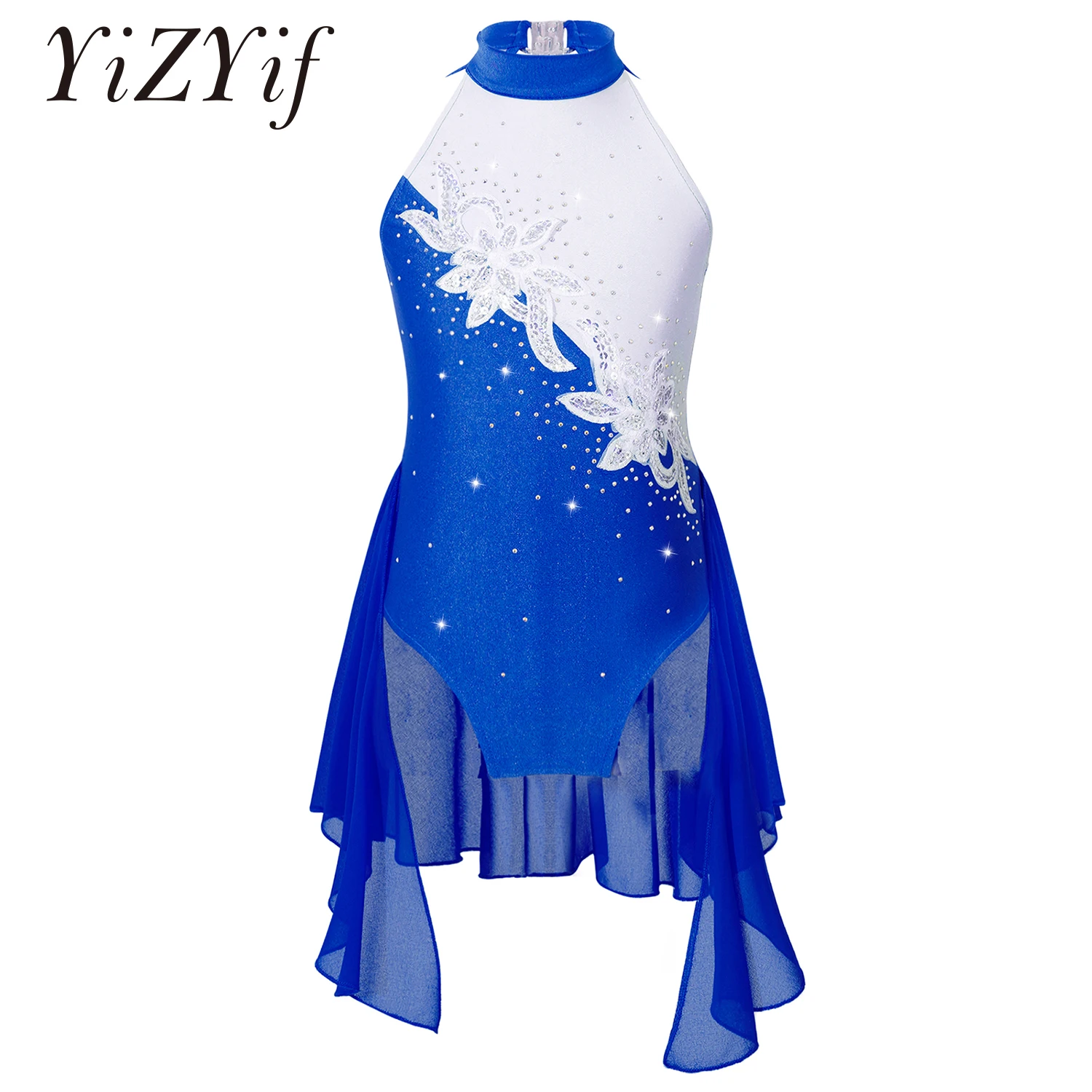 

Kid Girls Ballet Gymnastics Leotard Dress Sleeveless Rhinestone Floral Chiffon Figure Skating Lyrical Dance Dress Stage Costume