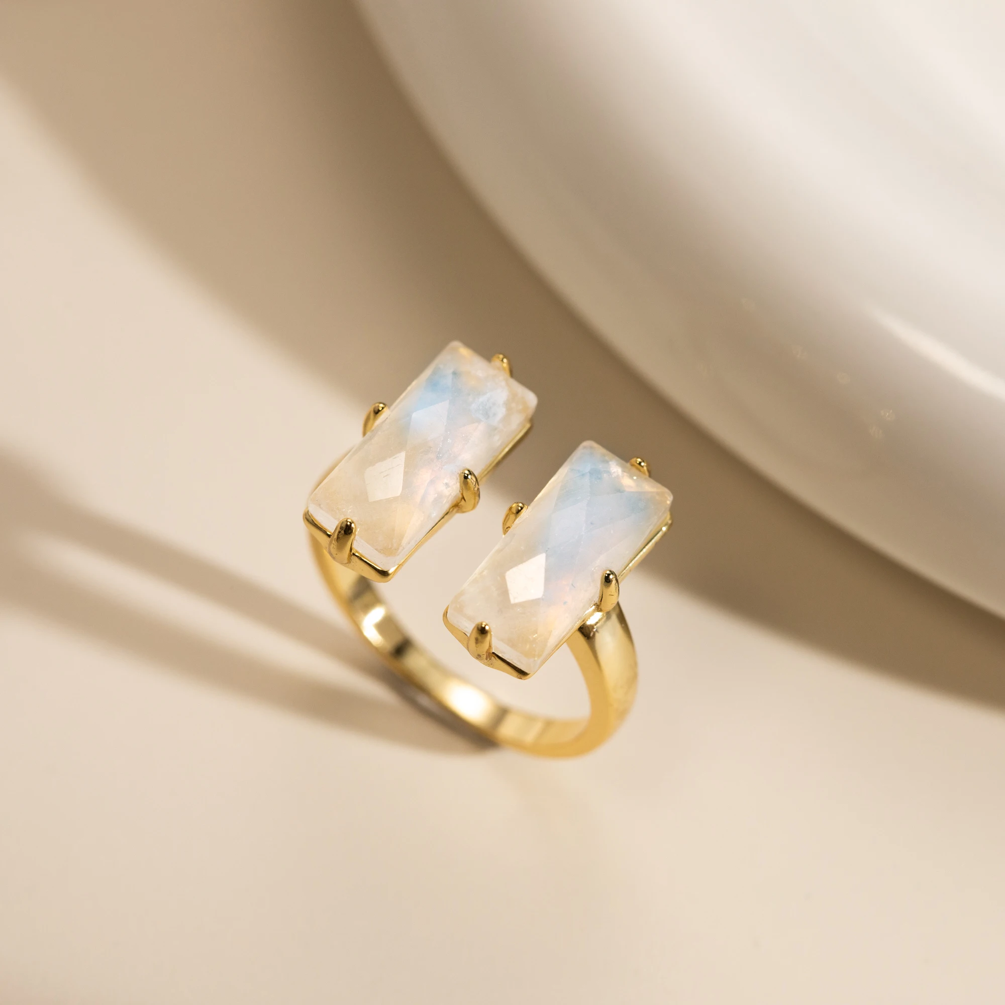 Irregular Shape Moonstone/Larimar Engagement Adjustable Ring for Women Open-Ended Double Stone Copper Rings