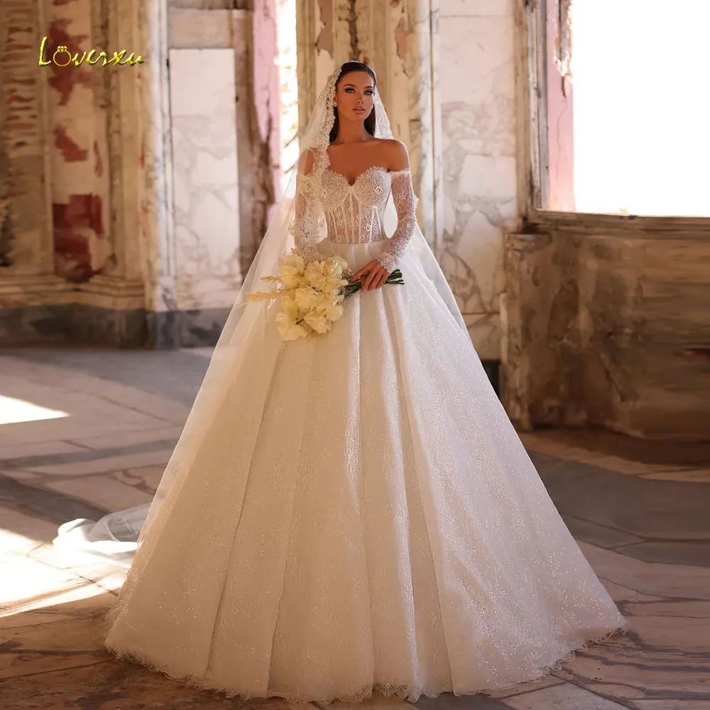 

Loverxu A-Line Charming Wedding Dresses Off The Shoulder Vestido De Novia Lace Embroidery Elegant Custom Made Bridal Gowns