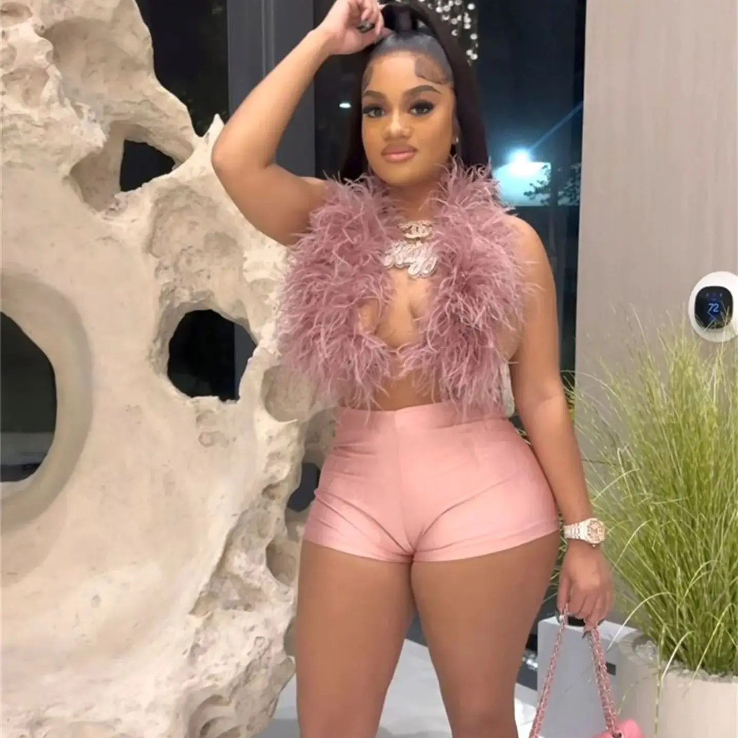 

Feather Tops Sexy 2 Piece Pant Set Outfits Women Y2K Streetwear Sexy Club Summer Two Piece Set Shorts Pant