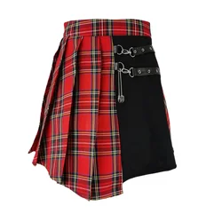 Gothic Punk Women Red Plaid Pleated Skirt High Waist Patchwork Mini Fashion Streetwear Buckle Female Goth Falda Sexy Mujer