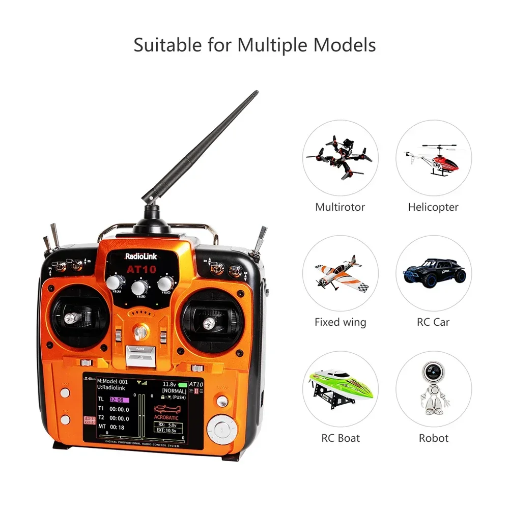 Radiolink AT10II 9S 2.4Ghz 12 Channel RC Transmitter and Receiver R12DS AT10 II PRM-01 Voltage Return for RC Drone Airplane Quad