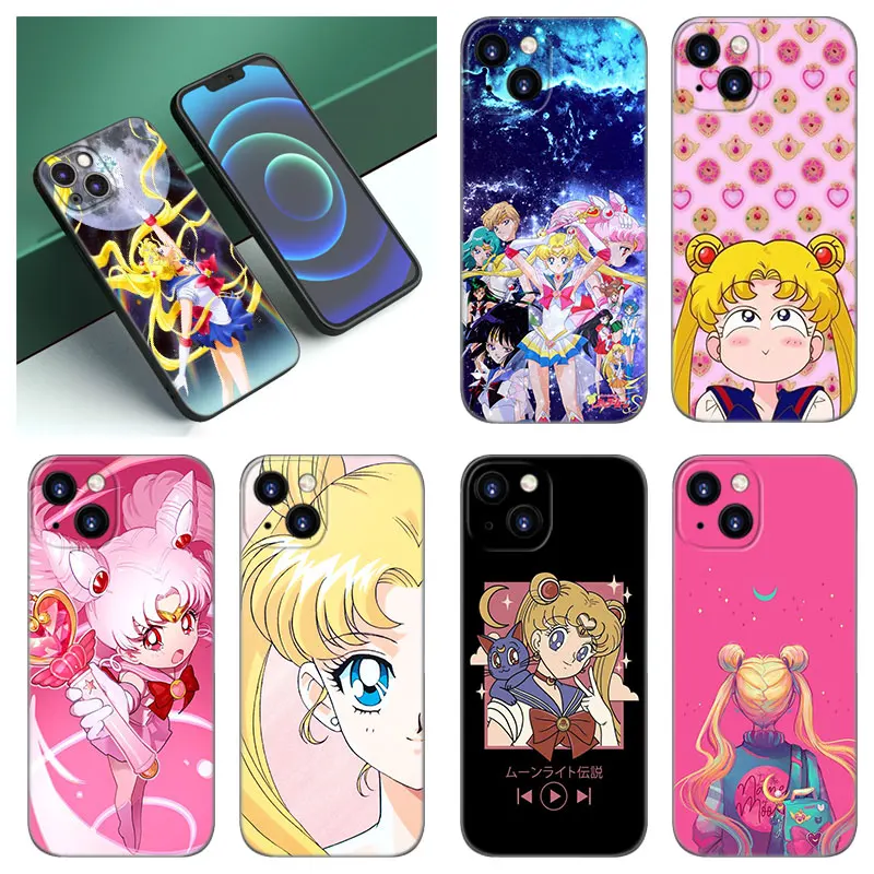 Pretty Soldier S-Sailor Moon Phone Case For Apple iPhone 12 13 Mini 11 14 15 Pro XS Max 7 8 Plus X XR SE 2020 2022 Black Case