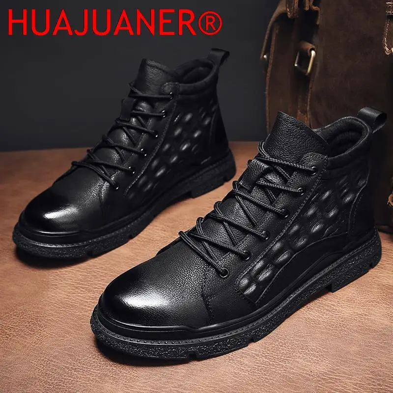 Men Winter Boots Comfy Crocodile Style Snow Boots Fashion Mens Sneakers Shoes Men Lace-up Quality Genuine Leather Fur Men Boots view 2