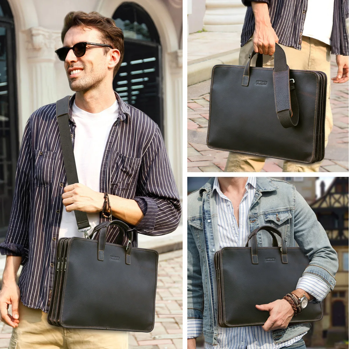 

new pattern fashion Full Grain Angel Embossed Leather Multi Compartment Men's Business Briefcase 14.2-inch Laptop Bag