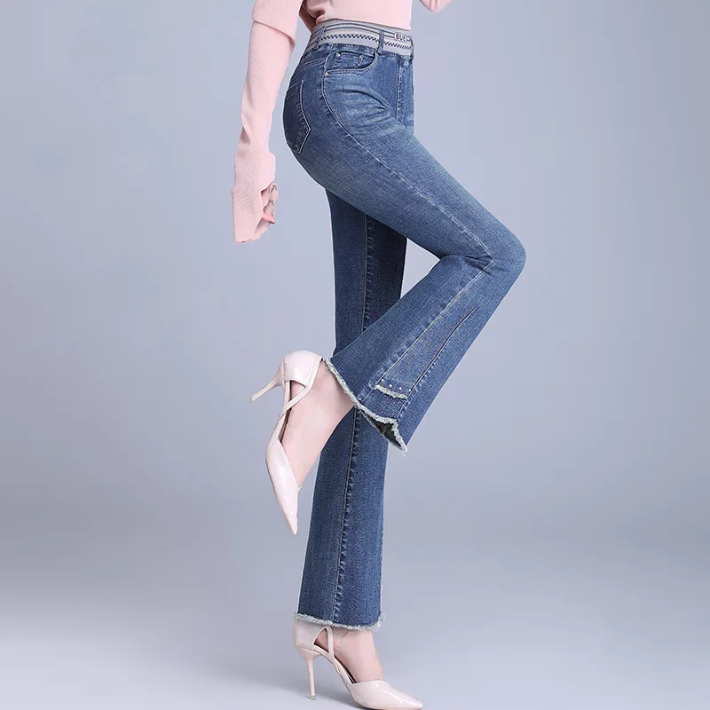 Elasticated waist jeans women's spring and summer micro cropped pants thin spring and autumn small nine-minute flared pants