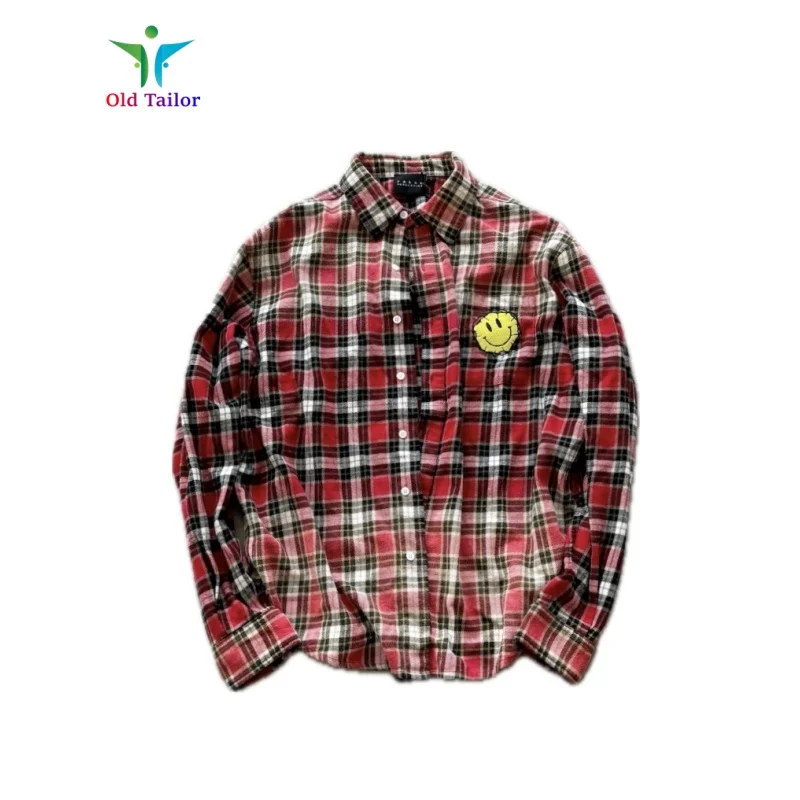 Red Plaid 25SSFalse Perception Embroidered Logo Four Seasons Long Sleeve Shirt Men's Women's Casual Loose Tops