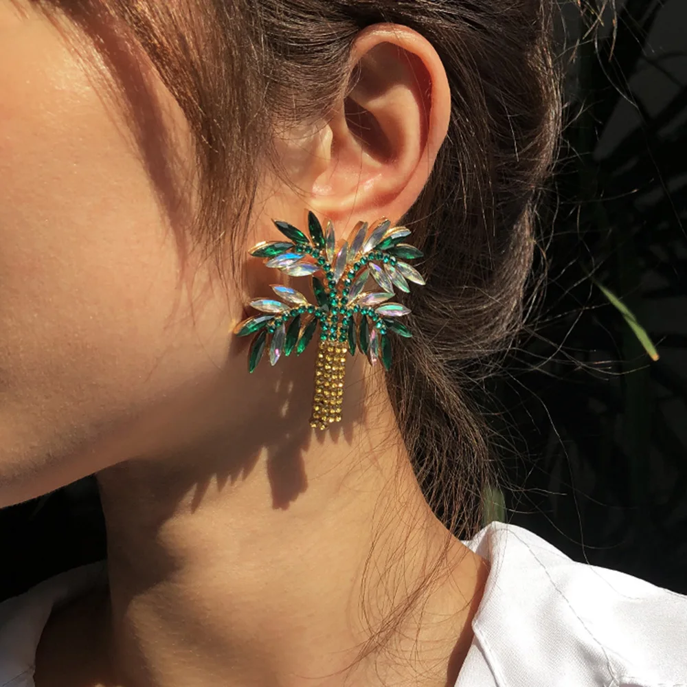 Exaggerated Coconut Tree Earrings for Women, Exquisite Diamond-encrusted Catwalk Style Creative Temperament Earrings