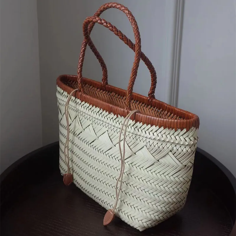 Vintage Hobos bag Manual Woven Genuine Leather Hand Bags Weave Tote Top Quality Women Basket Shopping Bags Hollow Beach