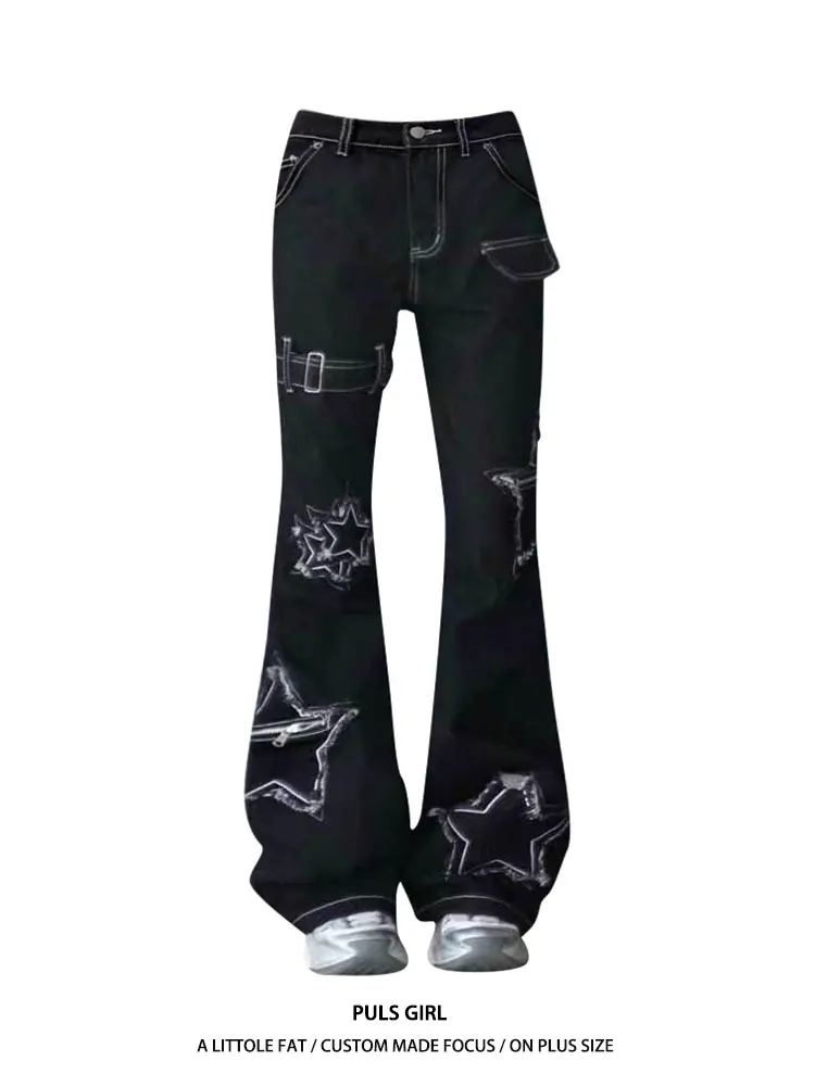

Large Size American Style High Waist Bell Bottom Denim Jeans Women's Printed Loose Fit Casual Pants Summer 2025 New Arrival