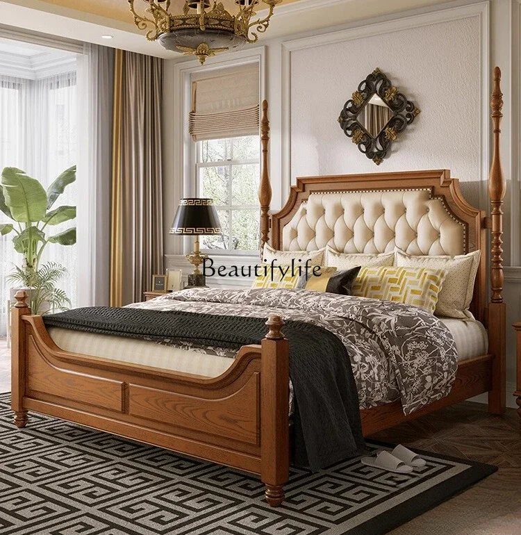 

LAmerican-style Bed Retro Solid Wood Layer Cowhide Soft Upholstery Elegant Simple High Box Bed