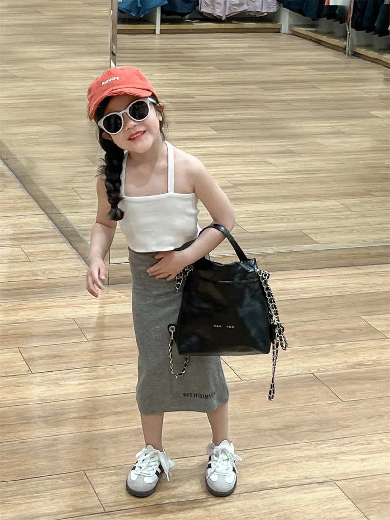 Skirt Summer Korean Childrens Clothing New Girls Sweet Cool Backless Sling Vest Grey Long Simple Fashion 2024 Solid