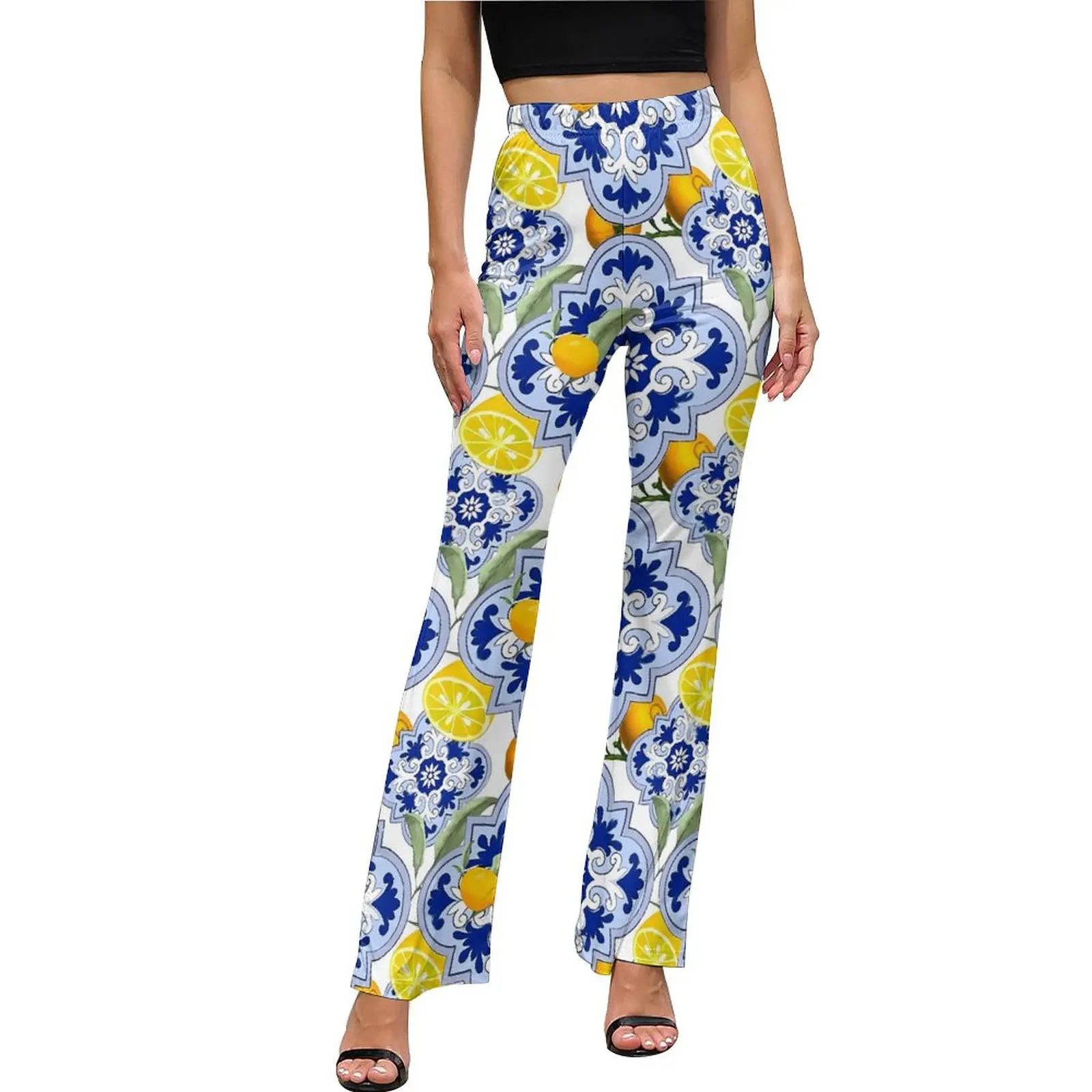 Vintage Blue Flower Pants High Waisted Lemon Fruit Print Streetwear Flare Pants Summer Casual Graphic Oversize Trousers