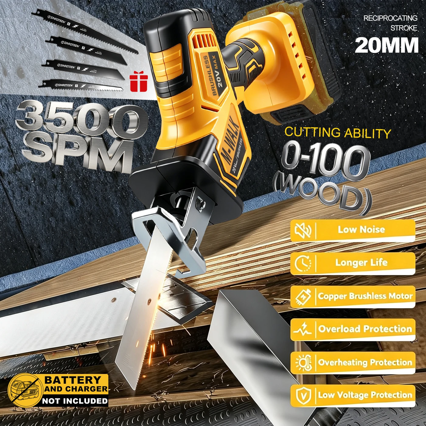 M-WALK Cordless Reciprocating Saw Adjustable Speed Electric Saw for Wood Metal PVC Pipe Cutting Tool Fit Dewalt 18V Battery Pins