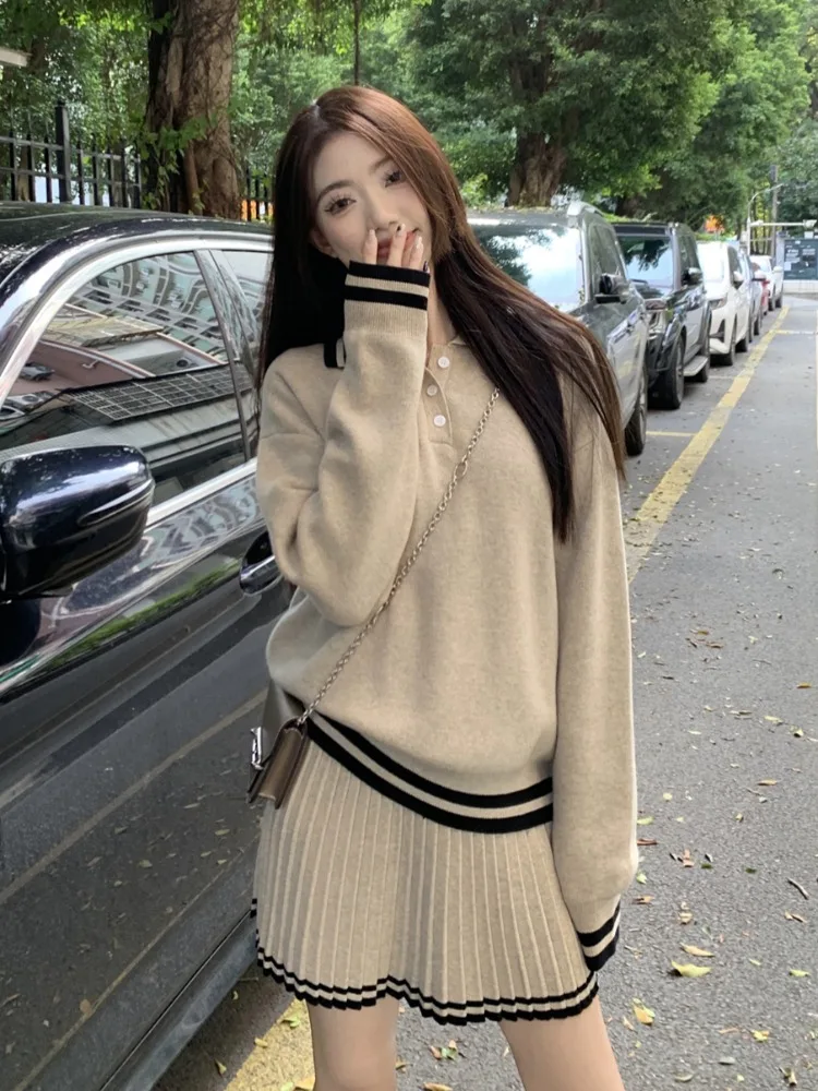 

Slimming Effect Autumn Korean Style Neck Loose Knitted Long Sleeve Sweater Women High Waist Pleated Skirt Two Piece...