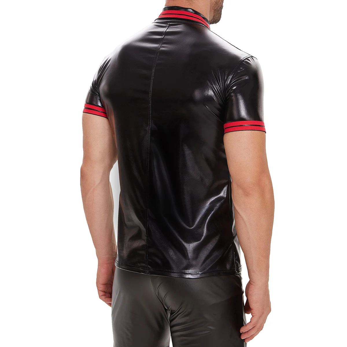 Sexy Mens Shiny Patent Leather Polo Shirt Short Sleeve Soft Elastic Tops Button Male Turn-down Collar Casual Streetwear T-shirt