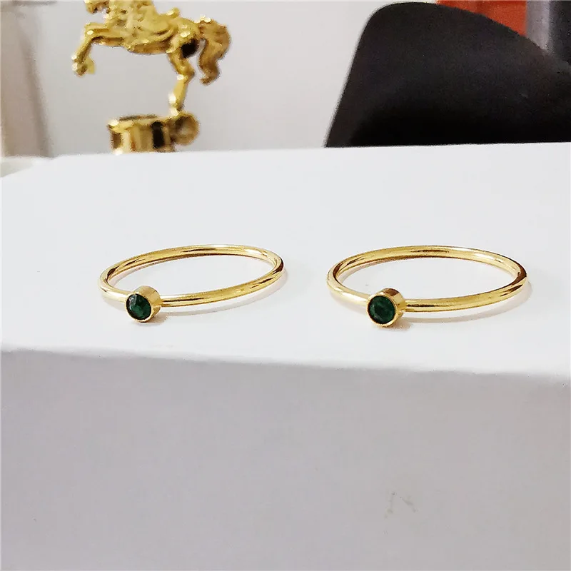 2023 Vintage Green Stone Ring for Women Gold Plated Stainless Steel Thin Finger Band Engagement Promise Jewelry Waterproof