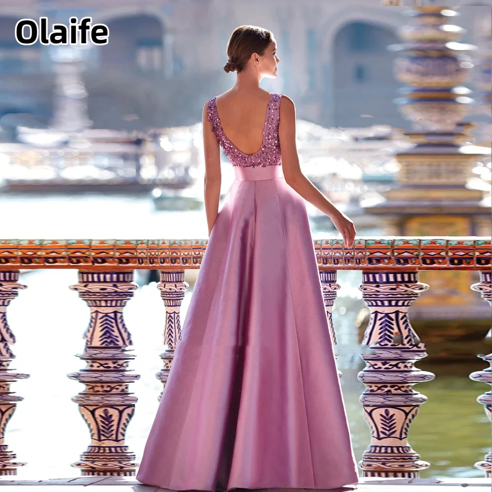 Olaife Mother of the Bride Dresses V Neck Satin Sequined Floor-Length A-Line Wedding Party Gowns