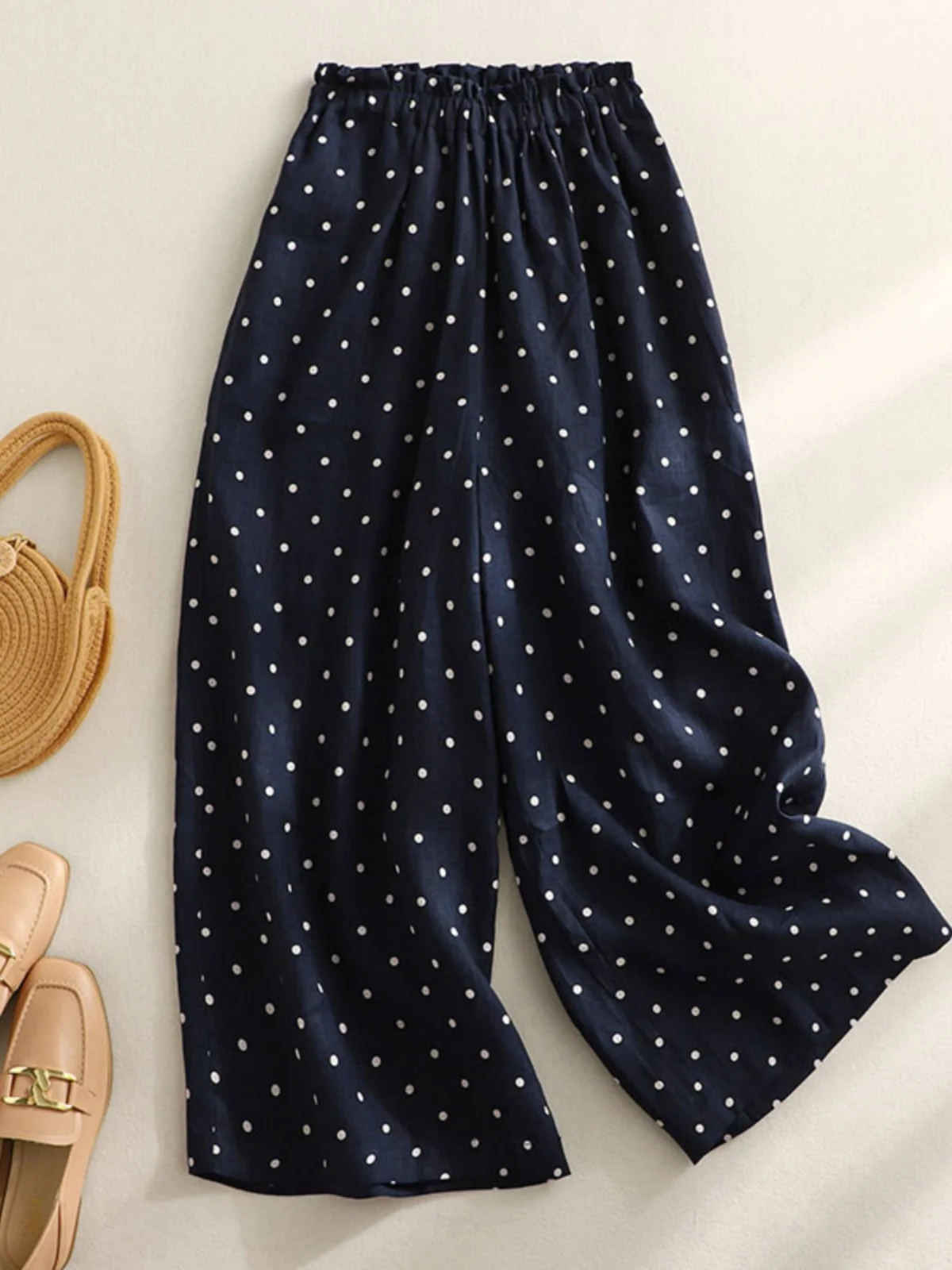 

2023 Polka Dot Print Cotton Linen Wide Leg Pants High Waist Elastic Waist Slimming Casual Nine Point Pants for plus Size Women