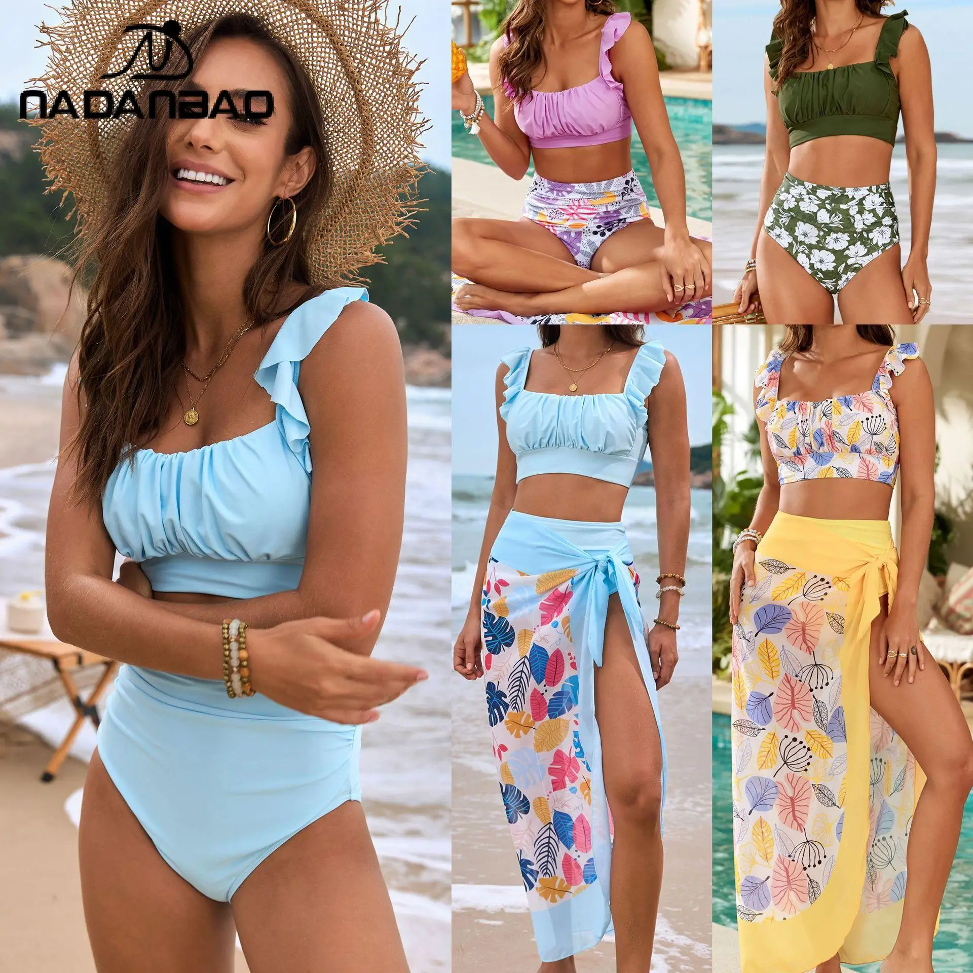 

Nadanbao Plant Flower Print Bikini Set Flying Edge Lotus Leaf Three-Piece Swim Suit Women Quick Drying Swimwear Casual Beachwear